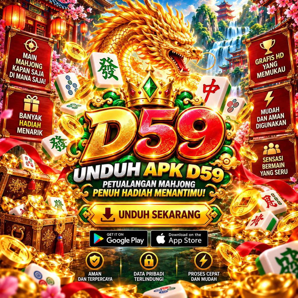 D59 Daftar dengan tema Mahjong Ways, naga emas, ubin mahjong dan formulir pendaftaran akun.