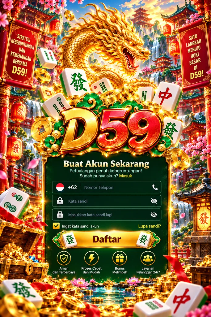 D59 Daftar dengan tema Mahjong Ways, naga emas, ubin mahjong dan formulir pendaftaran akun.