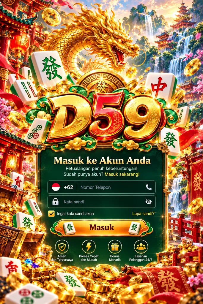 D59 Login dengan tema Mahjong Ways, naga emas, ubin mahjong dan tampilan masuk akun.
